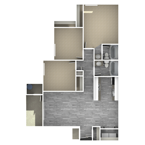 Floor plan for 3 beds, 2 baths, 1000 sqft